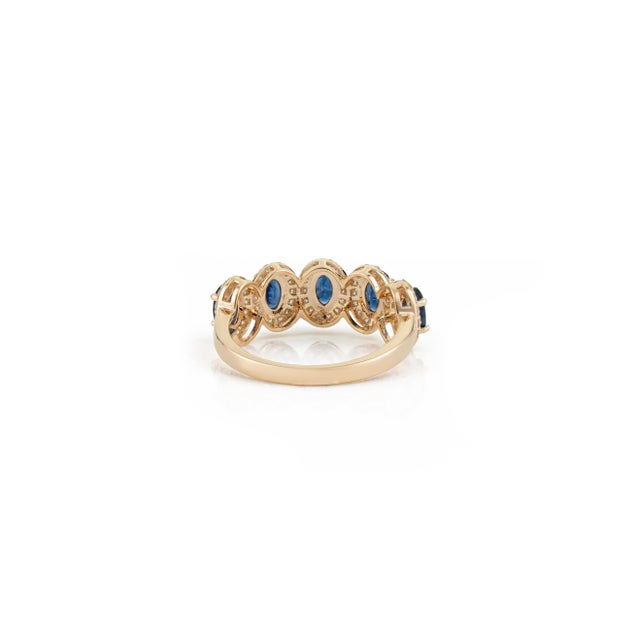 Blue Modern Deep Blue Sapphire & Diamond Halo Half Eternity Ring Size 5.5 in 14k Gold For Sale - Image 8 of 15