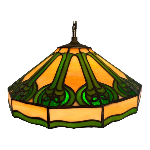 Antique Arts & Crafts j.a. Whaley & Co. Rare Mixed Slag & Stained Glass 12-Sided Swag Pendant Chandelier Lamp For Sale