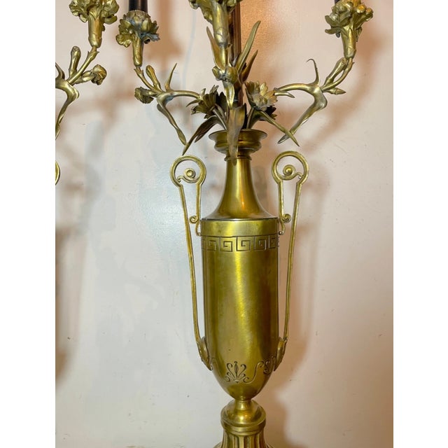 Early 20th Century Gigantic Pair of Gilt Bronze Neoclassical Candelabra Vase Flower Urn Table Lamps For Sale - Image 13 of 16