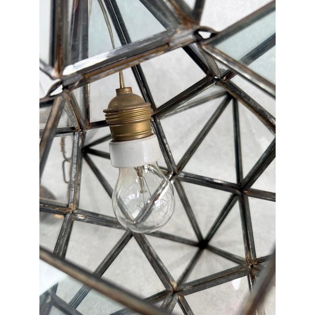 Metal Early 20th Century Moravian Star Glass and Brass Pendant Light For Sale - Image 7 of 12