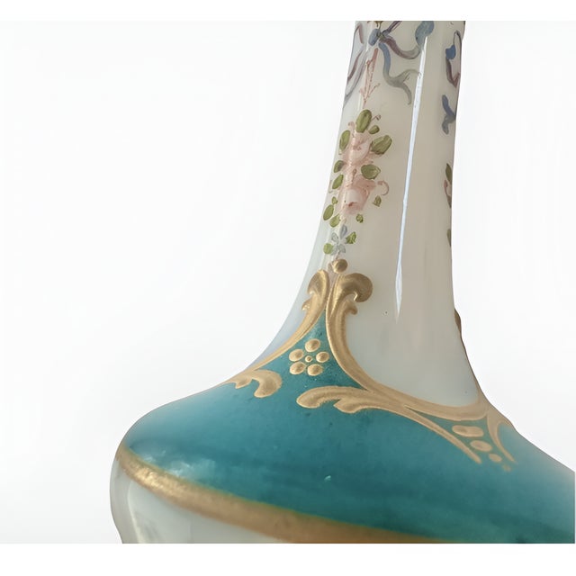 Gorgeous antique petite glass opaline bud vase in the style of Marie Antoinette. It's rare to find a painted opaline...