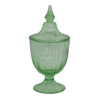 Green Paneled Depression Glass Candy Dish Footed Jar With Pointed Lid 4844b For Sale