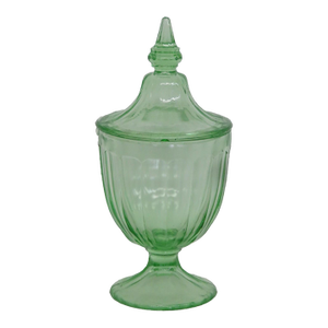 Green Paneled Depression Glass Candy Dish Footed Jar With Pointed Lid 4844b