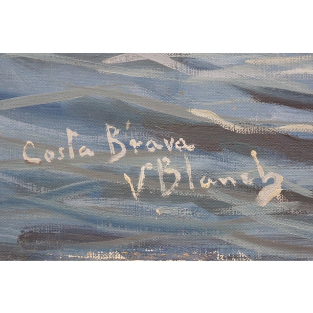 Late 20th Century Vintage v Blanch Costa Brava Spanish Coastal Seascape Oil Painting 37" For Sale - Image 5 of 12