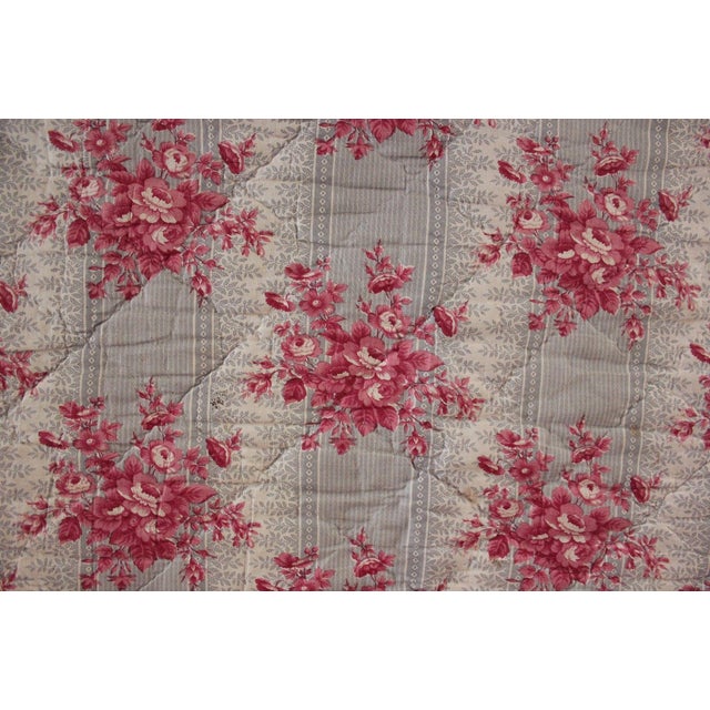 Antique 1850 French Floral Pink Gray Cotton Check Back Quilted Fabric