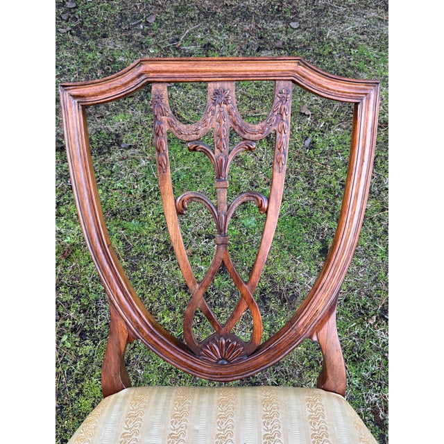 1960s Mahogany Carved Shield-Back Gold Fabric Hepplewhite Chairs - Set of 4 For Sale - Image 10 of 12