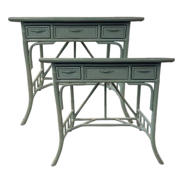 Pair of Vintage Painted Rattan Side Tables / Nightstands With Drawers For Sale