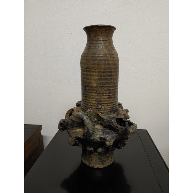 Brown Vintage New York Artisan Organic Free Form Stoneware Vase For Sale - Image 8 of 8