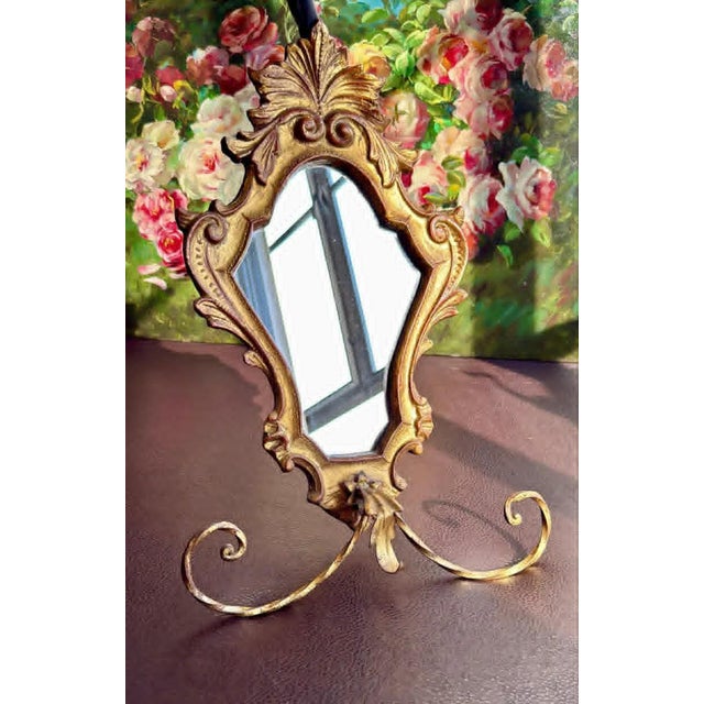 Gold 1950s Italian Florentine Rococo Vintage Gilded Wood Wall Mirror With Metal Towel Holder For Sale - Image 8 of 10