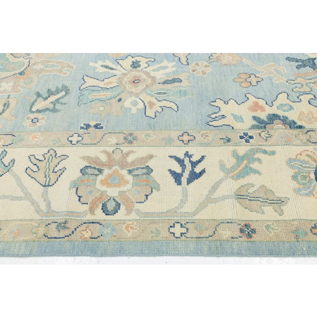 Modern Hand-Knot Oushak Style Light Blue & Soft Earth Tone Floral Wool Area Rug For Sale - Image 4 of 12