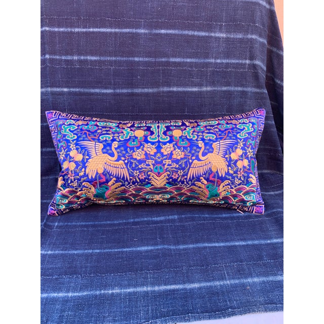 Hollywood Regency Royal Blue & Gold Silk Embroidered Cranes Chinoiserie Boudoir Lumbar Pillow For Sale - Image 11 of 11