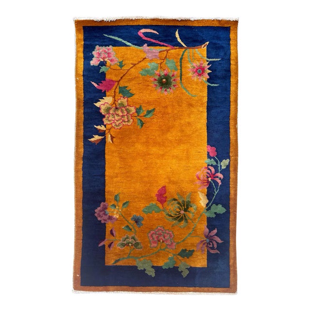 1920s Orange and Blue Floral Vintage Chinese Art Deco Wool Rug | 2'05" X 4'02" For Sale