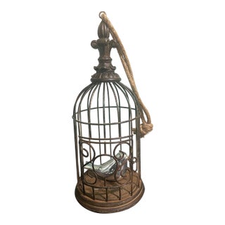Vintage Styled, Scrollwork Topped, Oak & Iron Decorative Bird Cage For Sale