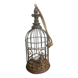 Vintage Styled, Scrollwork Topped, Oak & Iron Decorative Bird Cage