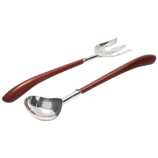 Mid-Century Mexican Sterling Silver and Wood Salad Servers For Sale
