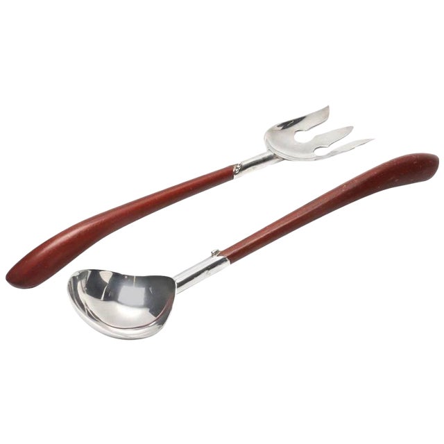 Mid-Century Mexican Sterling Silver and Wood Salad Servers For Sale
