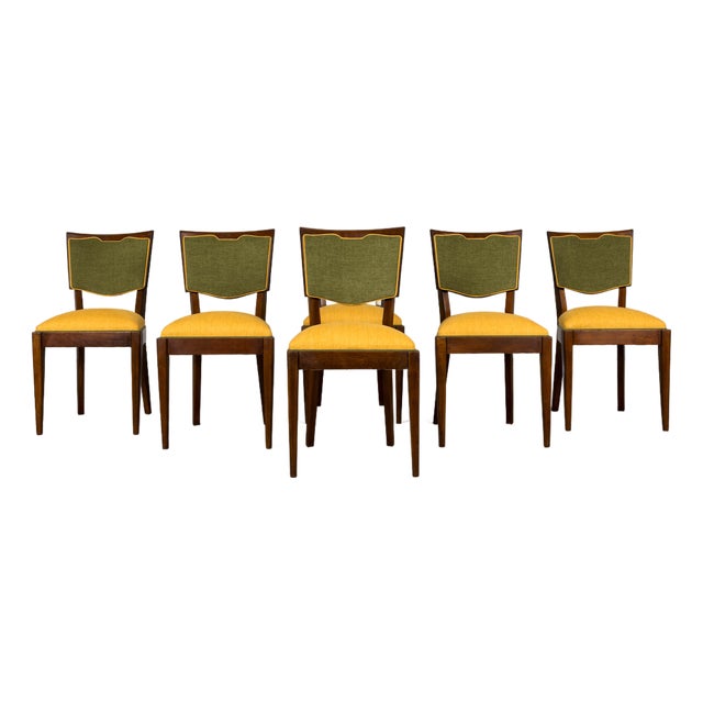 Set of 6 French Art Deco Maple Dining Chairs in Yellow and Moss Green, 1930s For Sale