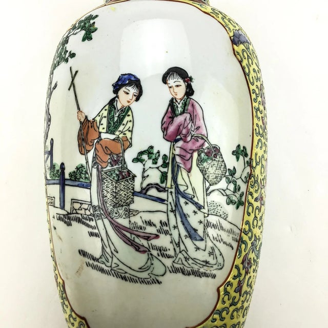 Canary Yellow 1960’s Hand Painted Chinese Flower Vase For Sale - Image 8 of 13