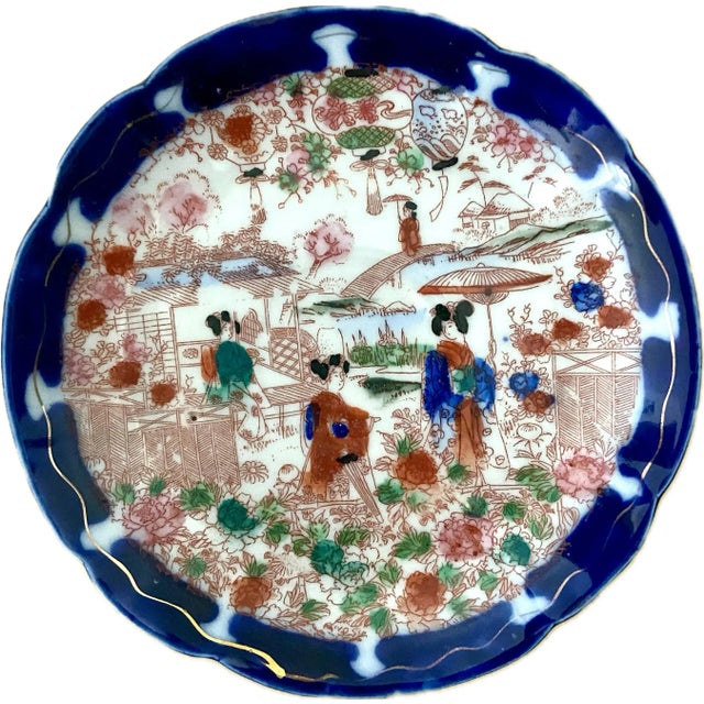 1920s 1920's Antique Asian Blue Japanese Chinoiserie Hand Painted Traditional Geisha Girl & Pagoda Plates & Small Bowls - A 23 Piece Set For Sale - Image 5 of 9