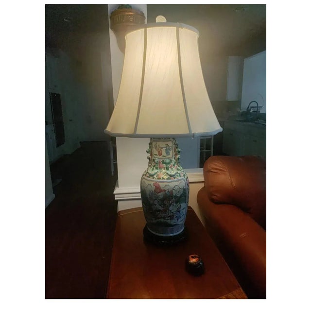 19th C. Chinese Hand Painted Enameled Lamp. LANDSCAPE PANELS SCENES with Hills & Mountains with many Figures thought...