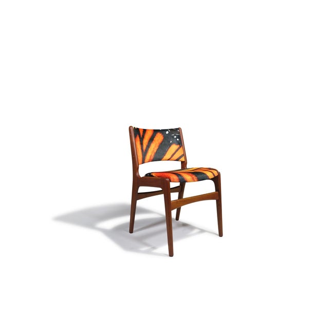 Mid 20th Century Restored Mid-Century Erik Buck Danish Teak Dining Chairs in Abstract Velvet Print For Sale - Image 4 of 15