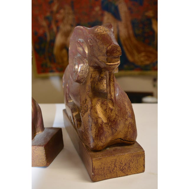 Figurative Pair Carved Wood Seated Rams Gold / Burgundy Wash For Sale - Image 3 of 14
