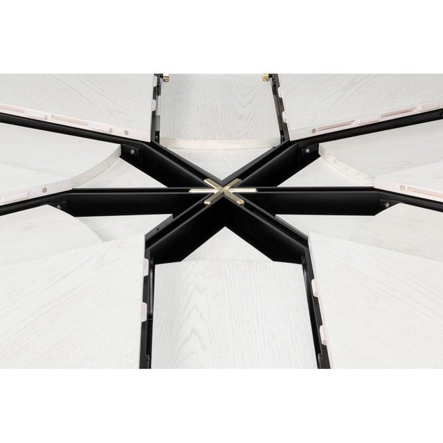 Transitional Round Dining Table, Large - White Oak With Hammered Iron Base For Sale - Image 10 of 11