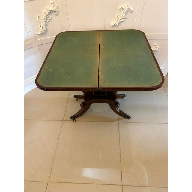 Antique English Regency Mahogany Brass Inlaid Fold-Over Console Card Table, 1830 For Sale - Image 4 of 18