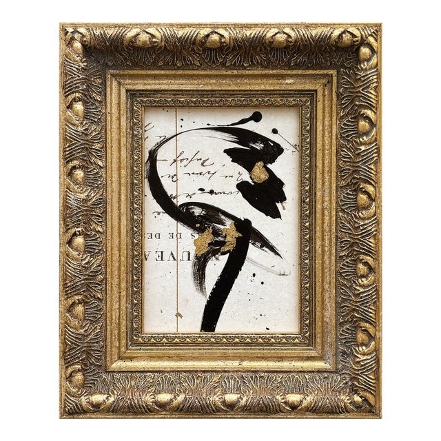 Contemporary Black and White Abstract Ink Painting in Vintage Frame For Sale