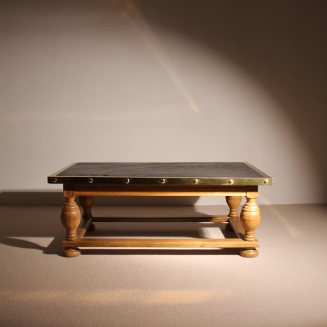 Rustic Coffee Table in Slate, Brass and Oak, Germany, 1970s For Sale - Image 10 of 10