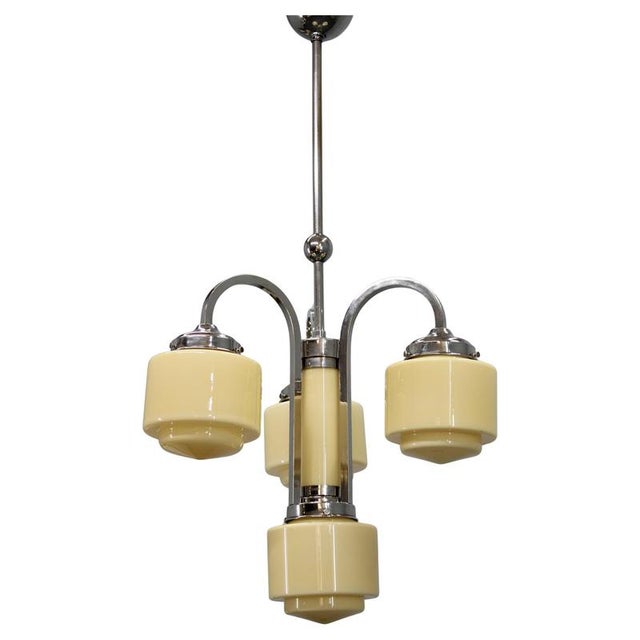 Art Deco Nickel Pendant Light with Cream Glass Cylinders, 1930s For Sale - Image 15 of 15