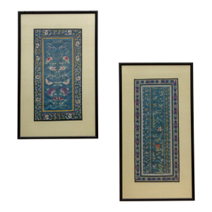 19th Century Pair of Qing Dynasty Teal Blue Silk Embroidered Panels
