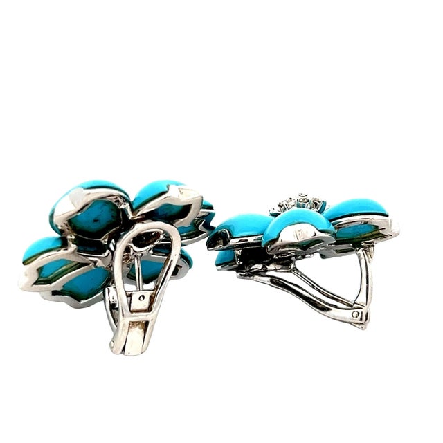 Circa 1980s Italian 18K White Gold Persian Turquoise & Diamond Floral Earrings For Sale - Image 9 of 9
