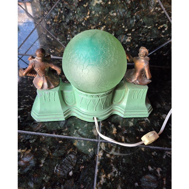 Art Deco 1930s Art Deco Figural Musician Boudoir Lamp With Green Crackle Glass Globe (Jg) For Sale - Image 3 of 10