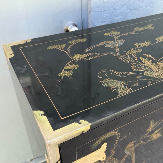 Chinese Black and Gold and Hand Painted Armoire/Chest of Drawers For Sale - Image 4 of 9