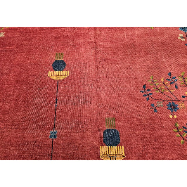 Chinese Vintage Chinese Art Deco Hand-Knotted Rug, Floral Motif, Wool, 1900s, 9' x 12' For Sale - Image 3 of 18
