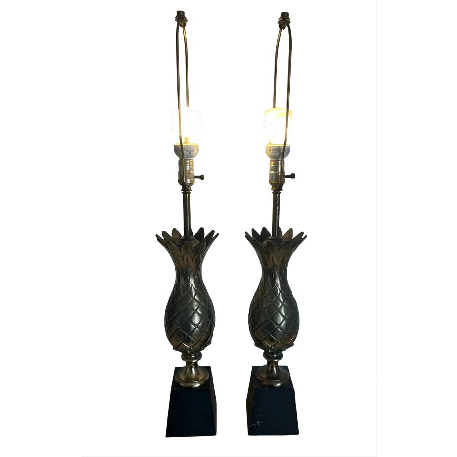 1960's Pair of Vintage Brass Figural Pineapple Table Lamps