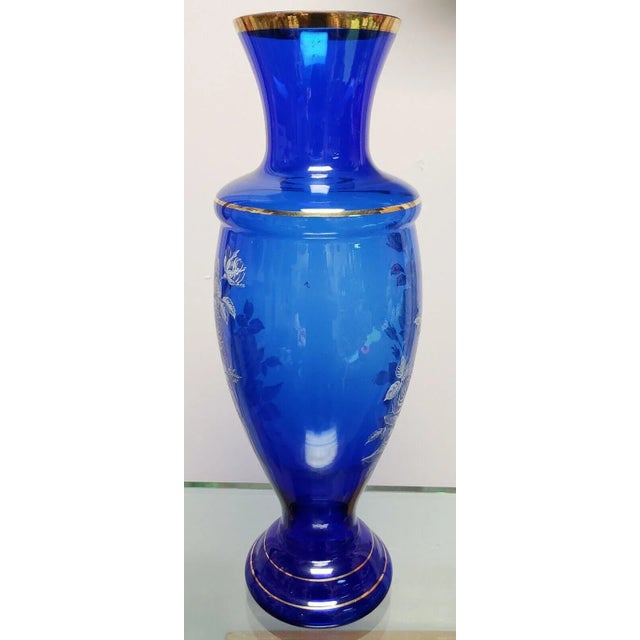 Fenton Art Glass Company Vintage Fenton Gilded Cobalt Glass Mary Gregory Style Roses Motif Baluster Vase For Sale - Image 4 of 8
