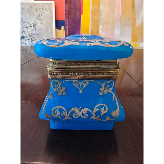 Sky Blue Early 19th Century Antique Museum Opaline Glass Jewelry Box Casket For Sale - Image 8 of 11