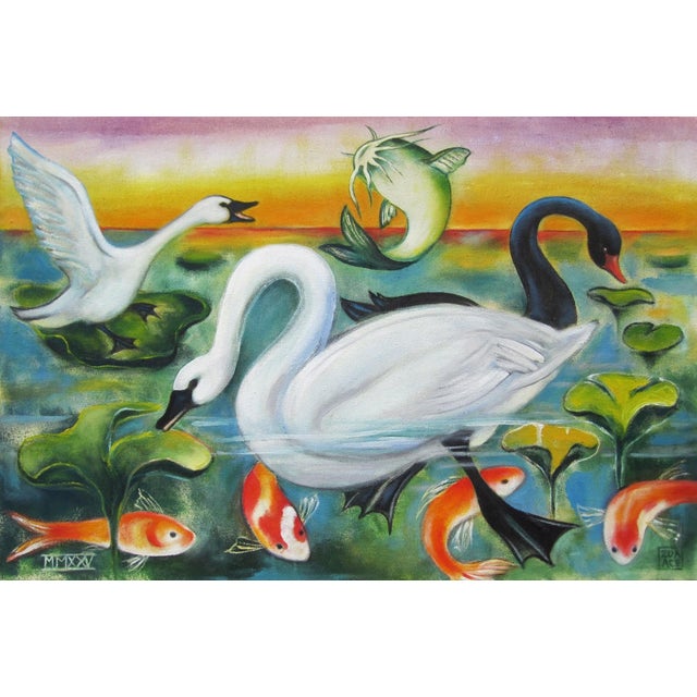 Lagoon by Zoa Ace | Oil on canvas Swans, fish, and plants in a colorful lagoon setting. For Sale