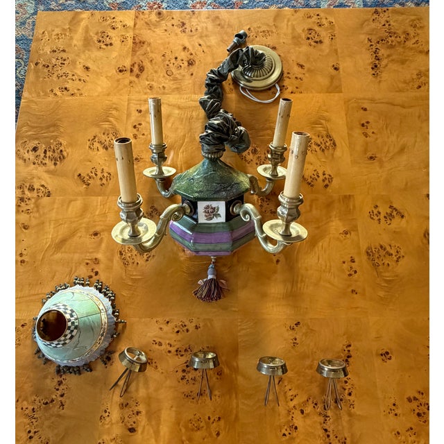 Mackenzie Childs Late 20th Century MacKenzie Childs Vintage Four Light Chandelier W/ Brass Hardware, Shades, Clips Handmade For Sale - Image 4 of 6