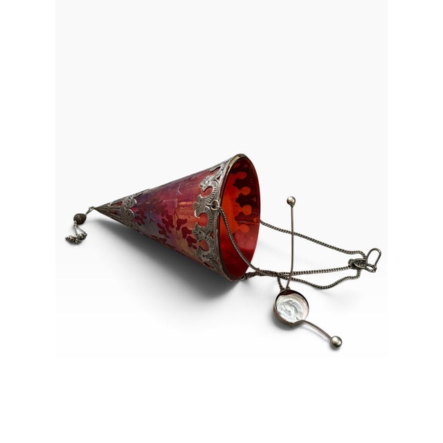 Vintage Moroccan-Style Hanging Lantern | Iridescent Red Glass Tea Light Holder For Sale In Portland, ME - Image 6 of 7
