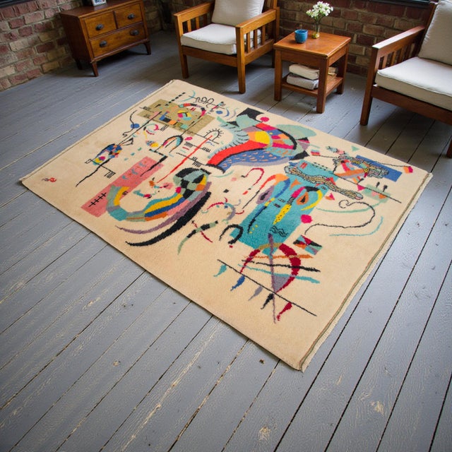Hand-knotted in Jaipur, India in the 1980s, this collectible modernist rug translates Wassily Kandinsky’s “Accompanied...