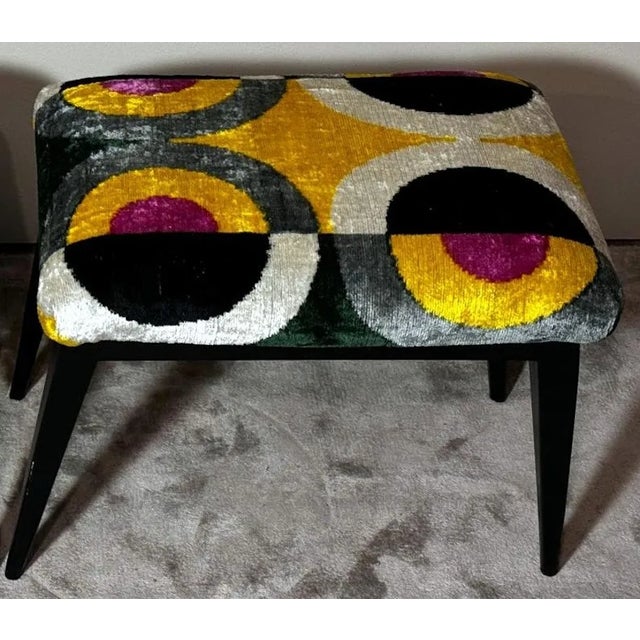1950s Mid Century Pair of Italian Wood and Silk Velvet Ikat Benches For Sale - Image 9 of 12