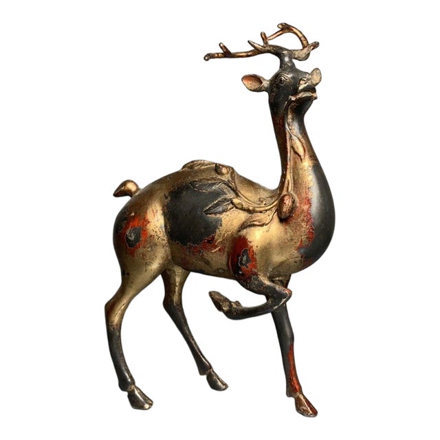 Vintage Gilt Bronze Deer Figure With Cinnabar Red Accents – "Path to Wealth" Sculpture For Sale