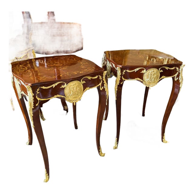 French Louis XV Style Side Table Set of 2 – Rich Wood Finish With Ornate Gold Leaf Mounts & Medallion Details For Sale