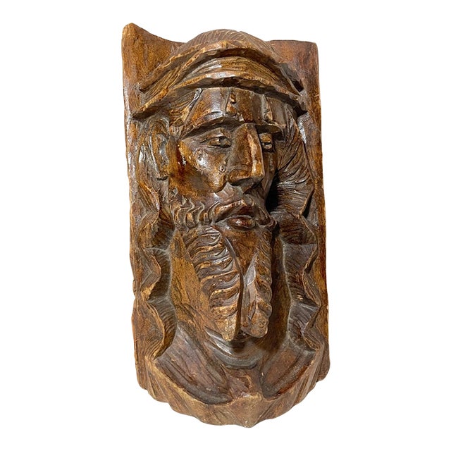 Large Antique Hand Carved Wood Folk Art Religious Jesus Christ Sculpture Bust For Sale