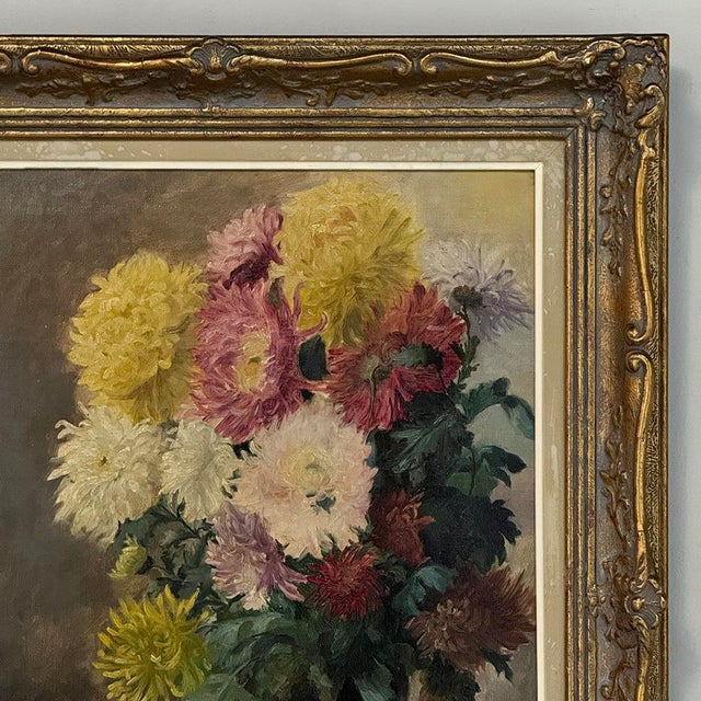 Goldenrod Framed Oil on Canvas, Still Life With Chrysanthemums, by M. Taquet-Beal, 1944, Belgium For Sale - Image 8 of 15