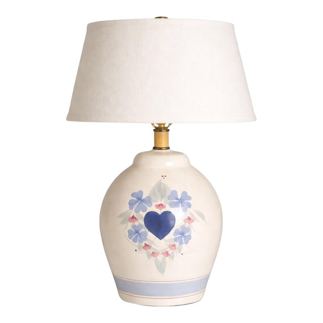 Late 20th Century Hand-Painted Folk Art Ceramic Table Lamp – Country Cottage Heart & Floral Motif, 25” For Sale