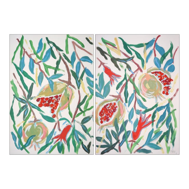 2026, Large Botanic Diptych, Ripe Pomegranates Diptych, Acrylic Paint on Watercolor Paper by Romina Milano For Sale